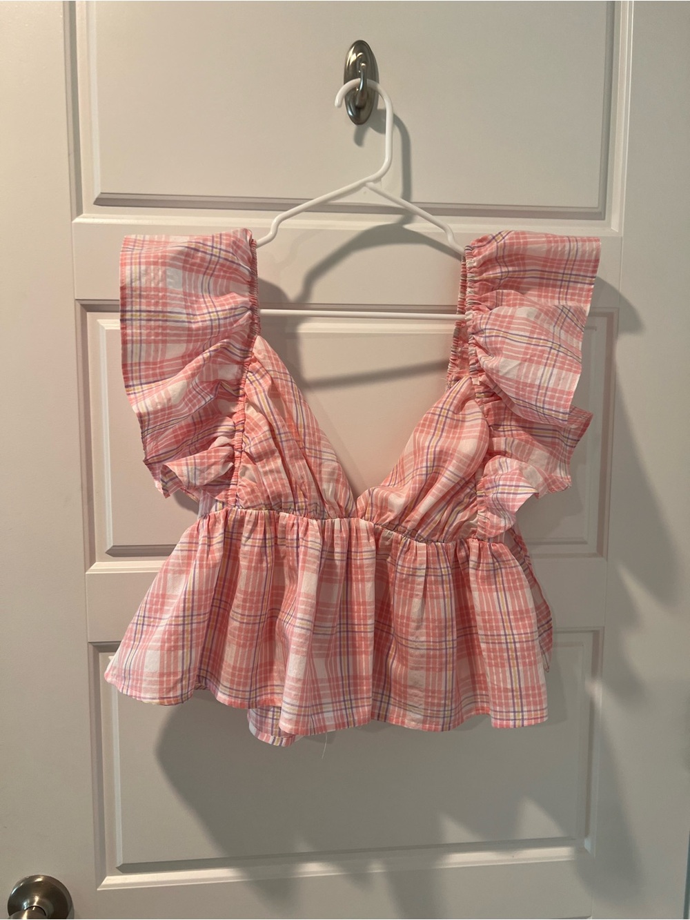 Ruffled Pink Plaid Peplum Crop Top